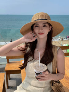 Summer Beach Straw Hat Womens Large Brim Foldable Sunshade UV Protection Fashionable Outdoors Butterfly Knot round Top Hat