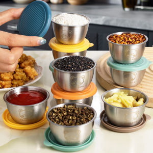 6Pcs Stainless Steel Salad Container / Small Bear Seasoning Container / with Silicone Leak-proof Lid / Reusable Sauce Cup for Lunch Bento Box / Picnic Travel Sauce Container