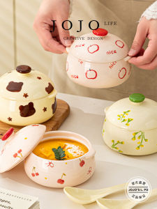 Cartoon Ceramic Soup Bowl with Lid High Aesthetic Value JOJOs L PD Lieb Casserole Dish Steamed Egg Bowl Kitchen Cooking Utensils