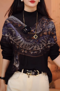 Fancy Double-Sided Australian Velvet Long Sleeves Printed Bottoming Shirt Womens Fall and Winter New Arrival Half Turtleneck Loose Western Style Belly-Covering Coat