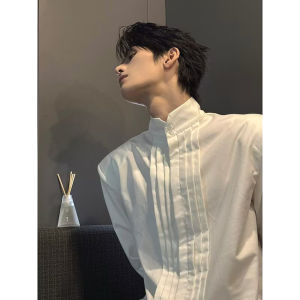 เสื้อเชิ้ตคอตั้งสไตล์ฝรั่งเศสสำหรับผู้ชาย ทรงหลวม แขนยาว ดีไซน์พิเศษ เสื้อเชิ้ต Hanfu ผ้าฝ้ายผสมโพลีเอสเตอร์