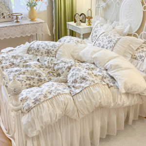 French Country Floral Pure Cotton Bedding Four-Piece Set Princess Style Ruffle Lace Duvet Cover Fairy Bed Skirt Four