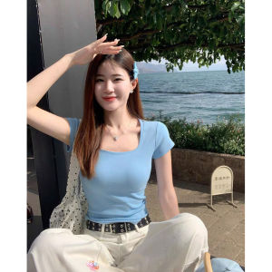 Áo Thun Cotton Ôm Vừa Vặn Cổ Vuông Tay Ngắn Mùa Hè Màu Xanh Mát Mẻ Cho Nữ Áo Thun Cổ Thấp Hở Xương Quần Áo Công Sở Thường Ngày