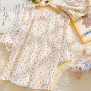 Summer Thin Cotton Pajamas Womens Short Sleeve Seven-Piece Pants Home Clothes Sleepwear Strawberry Floral Print Dual-Layer