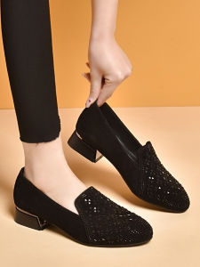 Spring New Style Casual Leather Bean Shoes Low Chunky Heel Sheepskin round Toe Deep Mouth Water Diamond Anti-Slip Fashion Single Shoes