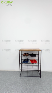 OKURA Modern 5 Tier Premium Space Saver Wood Top Shoe Rack Metal Frame Rak Kasut