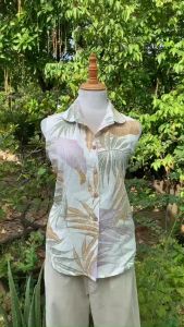 JUNE LINEN A14 - Áo sơ mi sát nách nữ in họa tiết Vải LINEN TƯNG PREMIUM.