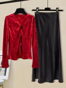 Retro Chinese Style Womens Long Sleeve V-neck Embroidered Silk Shirt Skirt Two-piece Set Spring Fashion Elegant Classy