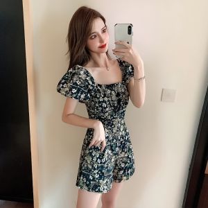 Summer New plus Size One Piece Short Sleeve Dress with Bubble Sleeves Square Collar Embroidery Womens Suit Casual Pants