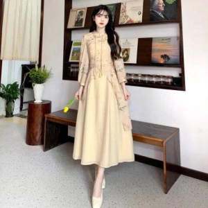 New Chinese Style Retro Flag Dress Long Skirt Womens Spring Autumn High Waist Gentle Style Floral Print Hanfu Dress