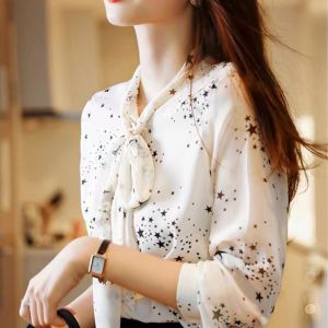 【24H Delivery】New Korean Fashion Loose Blouse Chiffon Long Sleeve Printed Top Ladies Shirt