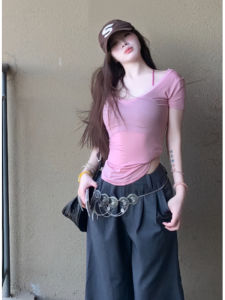 YUEZHONGWEI | Pink V-neck Short Sleeve Slim Fit T-shirt Womens Summer New Style Popular Fashion Commute Style Korean Version Pure Color