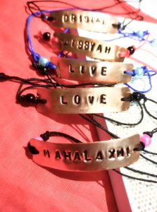 name stamp on copper bracelet with strings and beads on 0.2mm copper sheet. maximum 8 letters