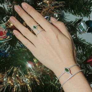 SEQUITO Precious Lady Wrist Jewelry Set White Gold Plated Micro Pave AAA Cubic Zirconia Setting Oval Green CZ Stone Prom Party Hollow Bangle Finger Ring SJ302