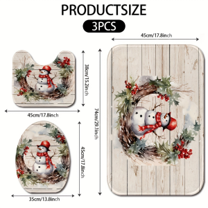 VIKAMA Watercolor Snowman Christmas Bathroom Set 3 Pieces Farmhouse Wreath Non Slip Absorbent Bath Mat Toilet Seat Decor