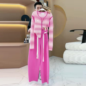 LIANGYILAILIN | Fashionable Pink Knit Cardigan and Wide Leg Pants Set