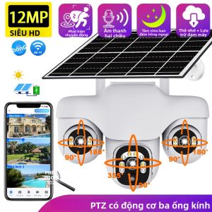 Camera Năng Lượng Mặt Trời Ngoài Trời Chống Nước WiFi 4K Camera An Ninh Ba Ống Kính Với Pin Năng Lượng Mặt Trời Không Dây Xoay 360 Độ PTZ Giám Sát An Ninh Gia Đình