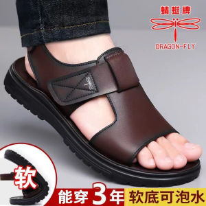 Dragonfly Brand Mens Sandals Genuine Leather Summer New Style Breathable Soft Bottom Anti-slip Outdoor Beach Shoes Driving Slippers