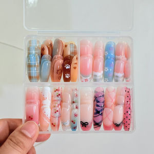 120Pcs/Box Colorful Almond Press-On Nails Cartoon Cat Bow Cherry Flower Polka Dots Pattern Fake Nail Full Cover False Fingertips