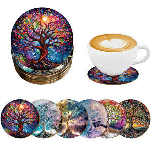 6 Sets of Artistic Painted Wooden Anti-Slip Coasters with Iridescent Tree Patterns Suitable for Kitchen Decoration