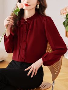 Retro Red French Ruffle Shirt Womens Autumn Winter Spring Long Sleeve Base Layer Top Korean Style Loose Fit Butterfly Knot