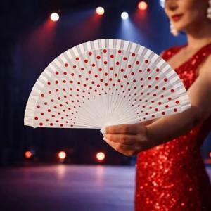 Quạt Gấp Cán Gỗ Cổ Điển Họa Tiết Chấm Bi - Quạt Cầm Tay Phong Cách Tây Ban Nha Di Động Dùng Cho Biểu Diễn Múa Và Sử Dụng Mùa Hè