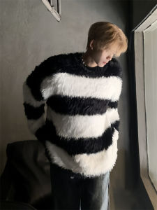 AETS Oversize Knitted Sweater Soft Nurturing round Neck Stripe Color Block Water Rabbit Fur Simulation Casual Long Sleeve Top