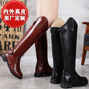 ผู้หญิง รองเท้าขี่ม้า เสื้อท่อนบน รองเท้าบูทขี่มืออาชีพหนังวัวชั้นสูง แฟชั่นย้อนยุค โลหะ ซิป หัวมน