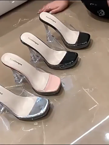 Elegant Clear Transparent PVC Mules High Heels with Block Heel 11cm for Women
