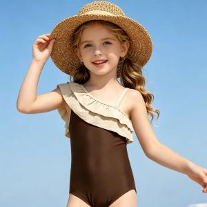 Elegant Fashionable Kids Swimsuit Slanted Shoulder Color Block Lace