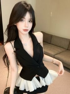 GUZILIAN | Seductive Backless Color Block Halter Simple Versatile Summer Top