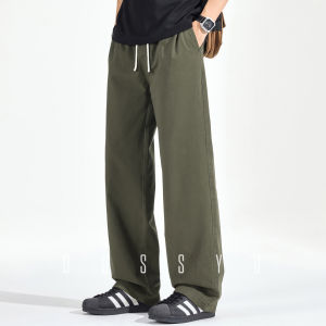 High Quality Spring Autumn 100% Cotton Casual Pants Men Elastic Waist Loose Straight Khaki ArmyGreen Trousers Male M-4XL