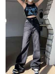 Retro American Grey Black Wide Leg Jeans Womens Autumn Winter New Style Spicy Girl Casual Loose Floor-Length Straight Pants