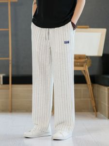 Mens Casual Loose Straight Leg Pants Summer Thin Cotton Linen Material Lightweight Trousers Vintage Stripe Design