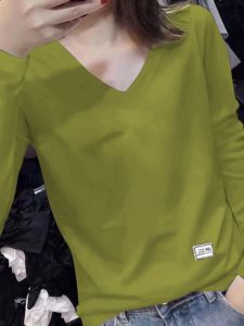 Pure Cotton Fashion V Neck Long Sleeves T-Shirt Female Spring and Autumn All-Match Loose Plus Size Plus Size Ladies Covering Belly Thin Anti-Aging Casual Tops