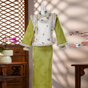Bộ Áo Dài Qipao Mùa Đông Tay Dài Ấm Áp Màu Xanh