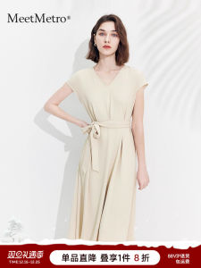 Elegant V-neck Midi Dress Womens Summer New Style MeetMetro High Waist Slimming Commute Salt System Skirt Polyester Fiber