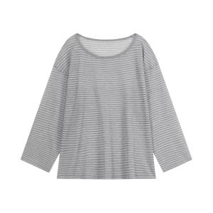 YUEZHONGWEI | Summer Thin Ice Silk Long Sleeve T-Shirt Womens Loose Fit Transparent Striped Top Korean Style Commute Casual Round Neck Shirt