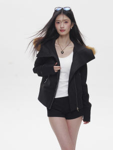 ATMOAOSU Black Spring Ink Suede Jacket Womens Slim Fit Short Coat with Large Fur Collar Detachable Hat Original Design