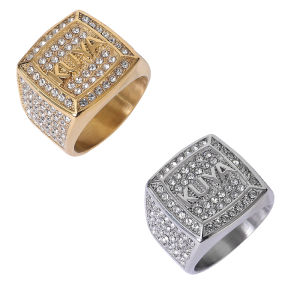 Hip Hop Thép Titan Chân Không Mạ Vàng Rhinestone Vua Nhẫn Cho Nam Giới Kích Thước 7-13