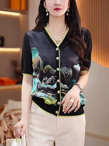 Black V-Neck Single Button Knitted Short Sleeve Ice Silk T-Shirt Womens Summer New Style High Sensation Color Block plus Size