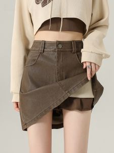 Fashionable High Waist A-Line Mini Skirt Womens Autumn Winter New Style Small Size PU Wrap Body Skirt Coffee Color Slimming Half-length Skirt