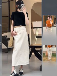 Womens Summer Casual Cotton Short Sleeve Top And Skirt Set High Waist Long Skirt Two-Piece Suit Polyester Fiber round Neck