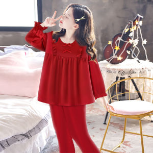 Childrens Pure Cotton Long Sleeve Sleepwear Spring Autumn Home Clothes Princess Style Festive Red Little Girl New Years Suit