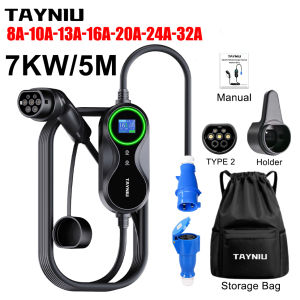 TAYNIU Portable EV Charger Type2 7KW 32A EVSE Charging Box CEE Plug Type2 Cord Charger 10M Cable for Electric Vehicle