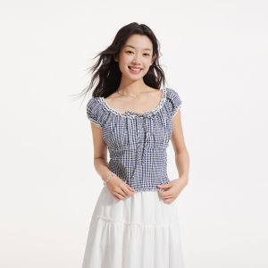 Hotwind | New Summer Lace and Check Pattern Short Blouse Office Round Neck Slim