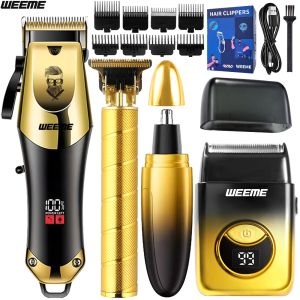 Wireless USB 4PCS Mens Hair Clipper Set & Nose Trimmer Rechargeable Lithium Battery Haircut Kit Ideal Gift for Him Golden Gradi