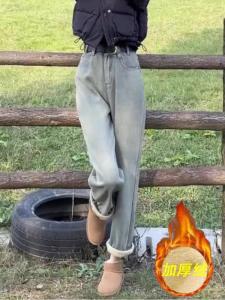 Winter Thickened Fleece Womens Jeans High Waist Straight Leg Warm Denim Pants Slimming Stylish plus Size Commute Pure Color