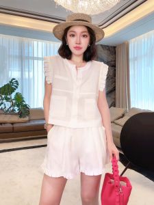 ME【HuaHeKaoZhi Set】Tencel Linen Blend Ice Linen Feel Slimming Comfortable Fashionable Set Short Sleeve Button round Neck