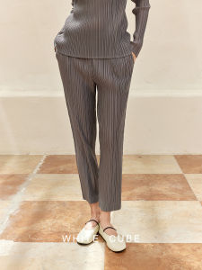 Silk Satin Glossy Pants Folded Grey 9 Points Slim Casual Pants Women Whitecube Spring New Style High Waist Harlan Pants